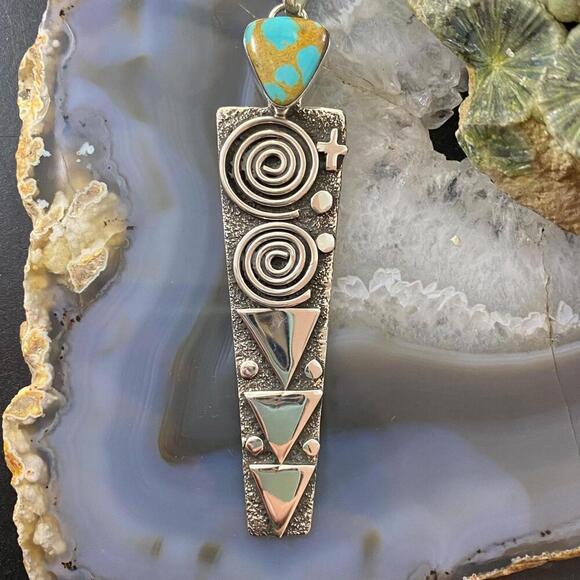 Alex Sanchez Sterling Silver Turquoise Petroglyph Long Unisex Pendant - Picture 3 of 10